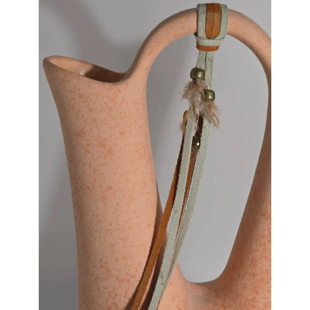 Double Spout Terracotta Vase Leather Accent Pink Beige Sandstone Finish Vintage